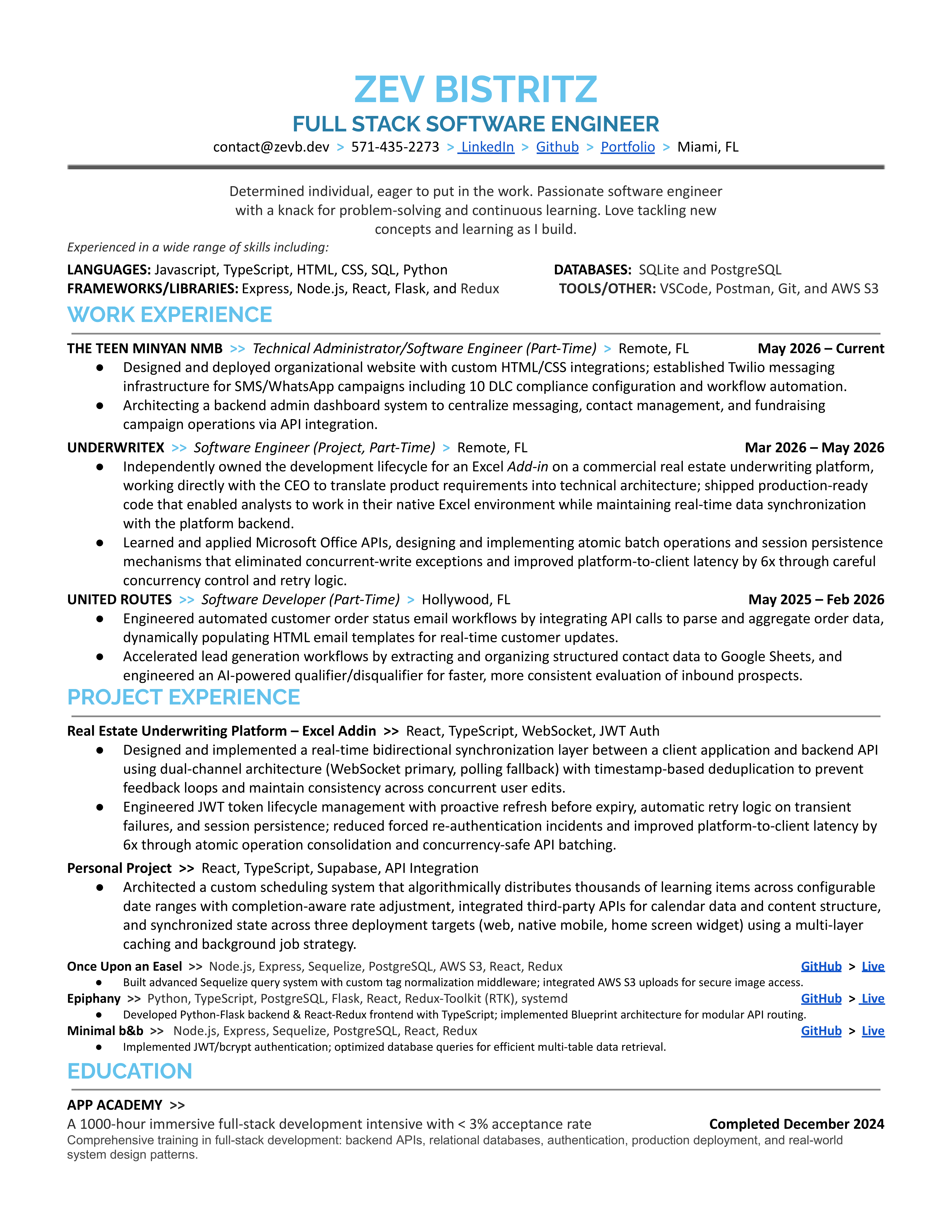 Zev Bistritz Resume Preview